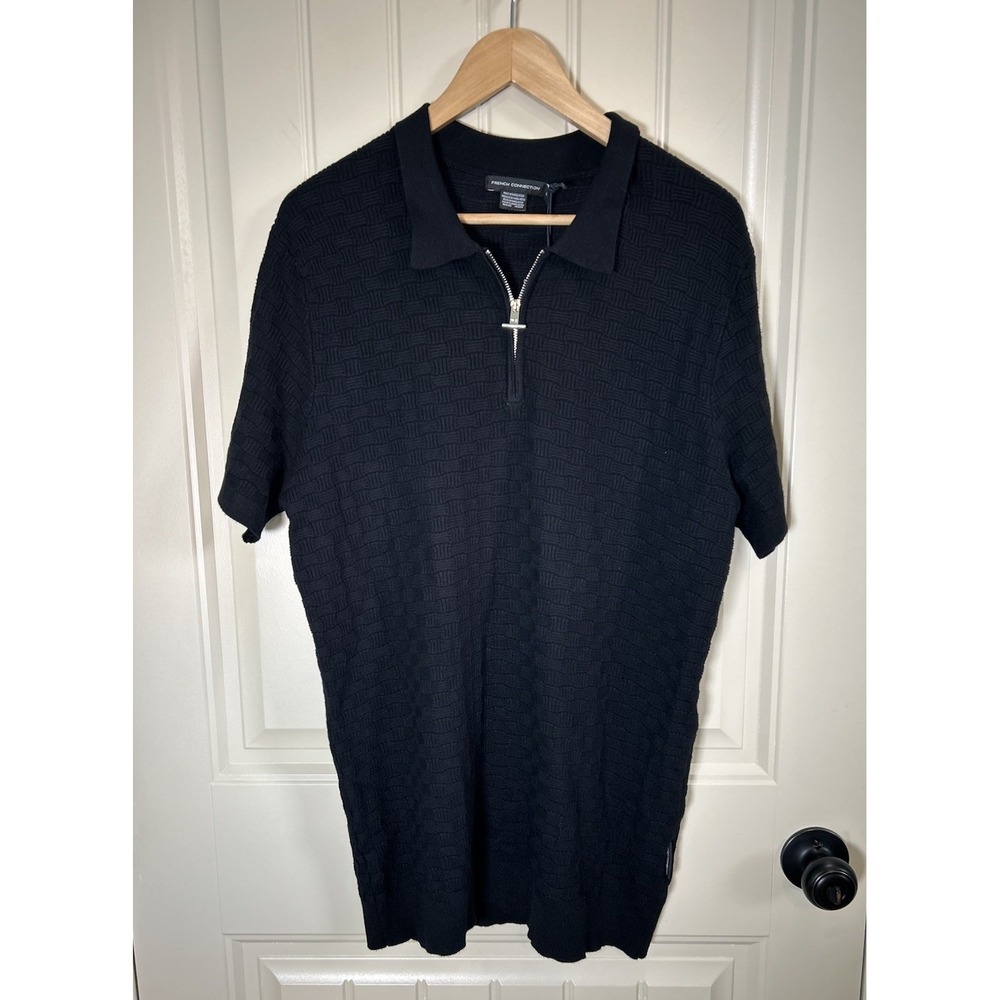 French Connection Mens Large Black Textured Knit Quarter Zip Polo Shirt Sweater